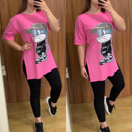 Set colanti negri+ tricou roz iepuras cu strasuri PRODUSE DE SEZON - Set colanti negri+ tricou roz iepuras cu strasuri