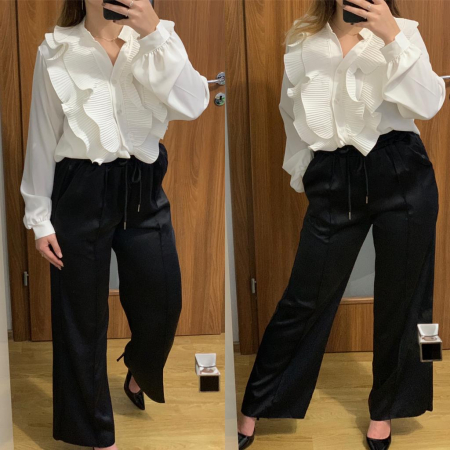 Set pantaloni evazați+ cămașă albă cu volane REDUCERI% - Set pantaloni evazați+ cămașă albă cu volane