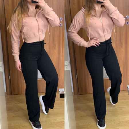 NOUTATI - Set pantaloni negri evazati + hanorac bej cu pietre