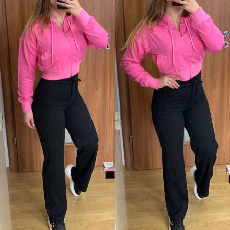 Set pantaloni negri evazati+ hanorac roz cu pietre NOUTATI - Set pantaloni negri evazati+ hanorac roz cu pietre