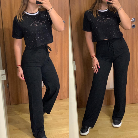 Set pantaloni negri evazati+ tricou negru scurt in talie cu pietricele NOUTATI - Set pantaloni negri evazati+ tricou negru scurt in talie cu pietricele
