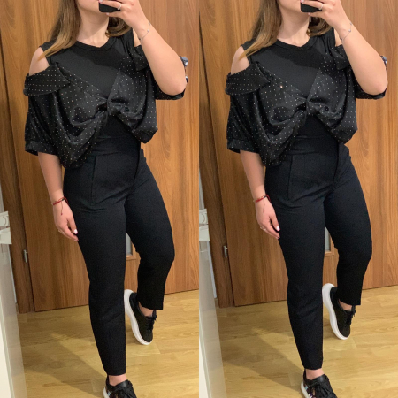 Set pantaloni negri office+ camasa neagra cu strasuri PRODUSE DE SEZON - Set pantaloni negri office+ camasa neagra cu strasuri