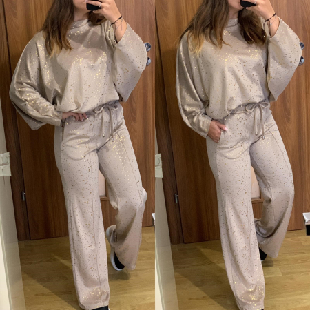 Trening evazat din catifea bej cu sclipici auriu [1]