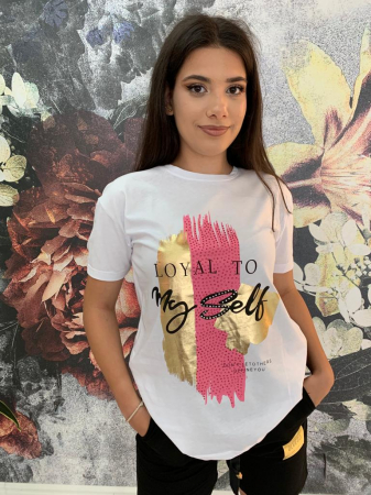 Tricou Dama Alb cu Imprimeu Colorat si Strasuri REDUCERI% - Tricou Dama Alb cu Imprimeu Colorat si Strasuri