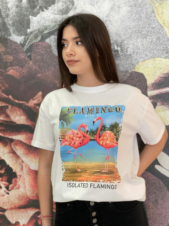 Tricou Damă Alb cu Imprimeu și Accesorii Flamingo REDUCERI% - Tricou Damă Alb cu Imprimeu și Accesorii Flamingo