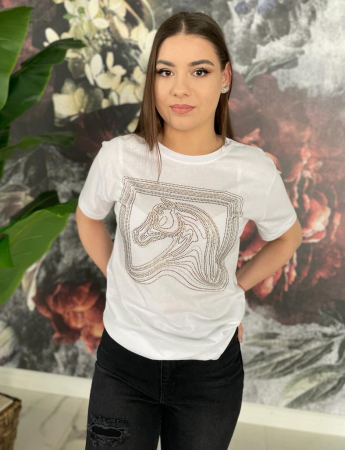 Tricou Dama Alb cu Strasuri Colorate REDUCERI% - Tricou Dama Alb cu Strasuri Colorate