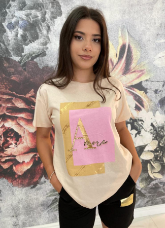 Tricou Dama Bej cu Imprimeu Colorat si Accesorii [1]