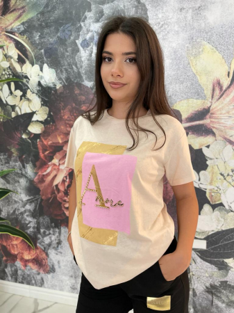 Tricou Dama Bej cu Imprimeu Colorat si Accesorii [2]
