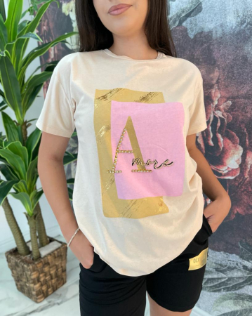 Tricou Dama Bej cu Imprimeu Colorat si Accesorii [3]