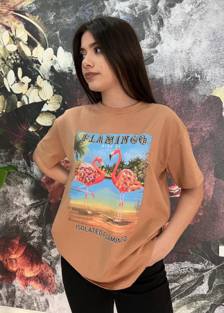 Tricou Dama Bej cu Imprimeu și Accesorii Flamingo REDUCERI% - Tricou Dama Bej cu Imprimeu și Accesorii Flamingo