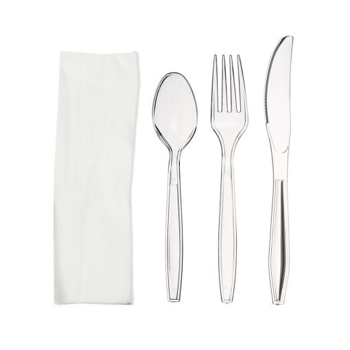 Set Tris Lux lingura, furculita, cutit, servetel, din plastic transparent sau negru, 100buc/set [1]