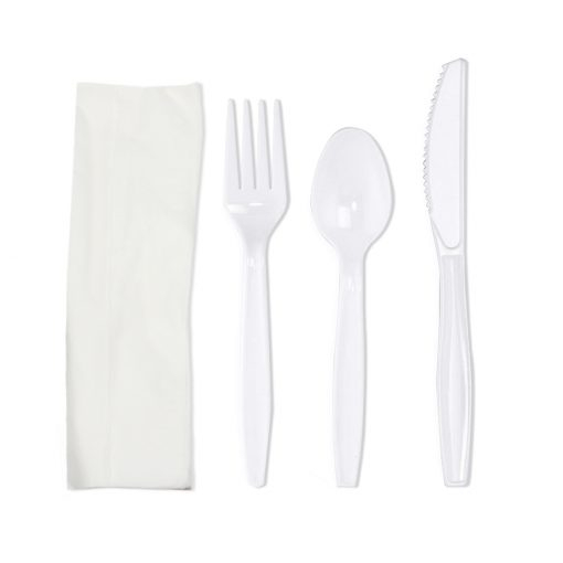 Set Tris lingura, furculita, cutit, servetel, din plastic alb, 100buc/set [1]