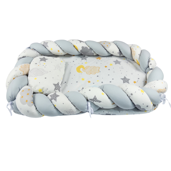 Baby Nest Împletit Bebeluși, 80x50x10 cm, Steluțe Gri/Muștar [2]