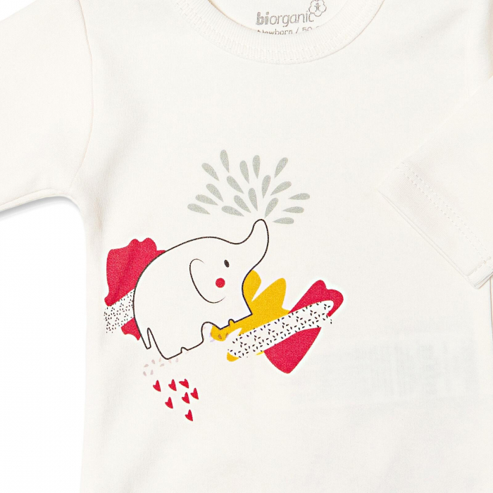 body bebeluși cu mânecă lunga din bumbac organic, culoare alb, model elefănțel .jpg [2]