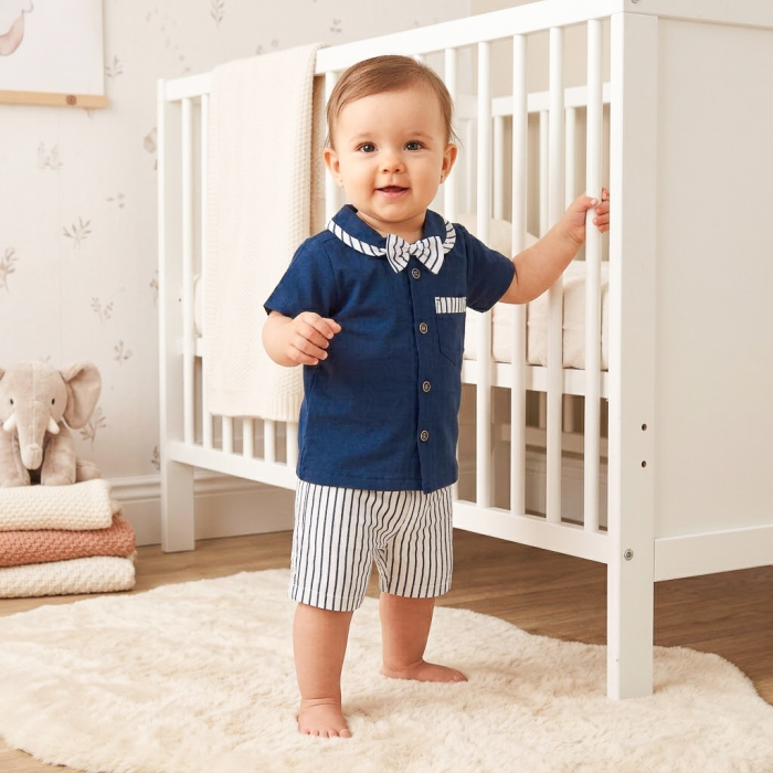Compleu Băieței, Cămașă Bleumarin cu Papion și Șort cu Dungi, Design Marinăresc [2]