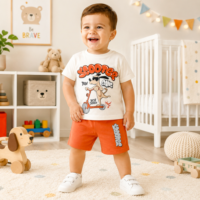 Compleu 2 Piese Băieți, Tricou Alb Imprimeu Cățeluș, Șort Caramiziu [2]