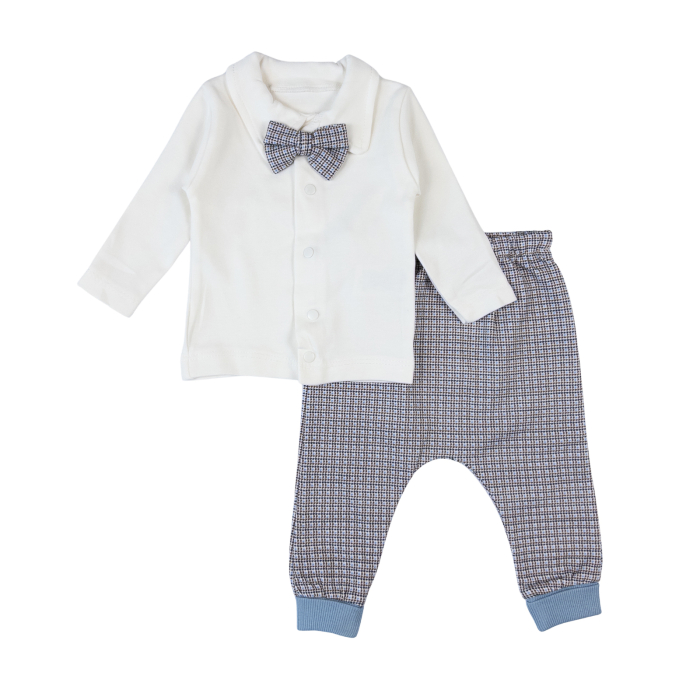 Compleu elegant 3 piese, pantaloni în carouri și jachetă cu papion, albastru [2]