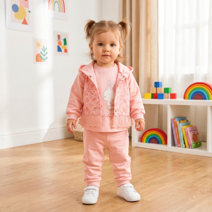 Compleu 3 piese pentru fetite, model cu Iepuras, coral [4]