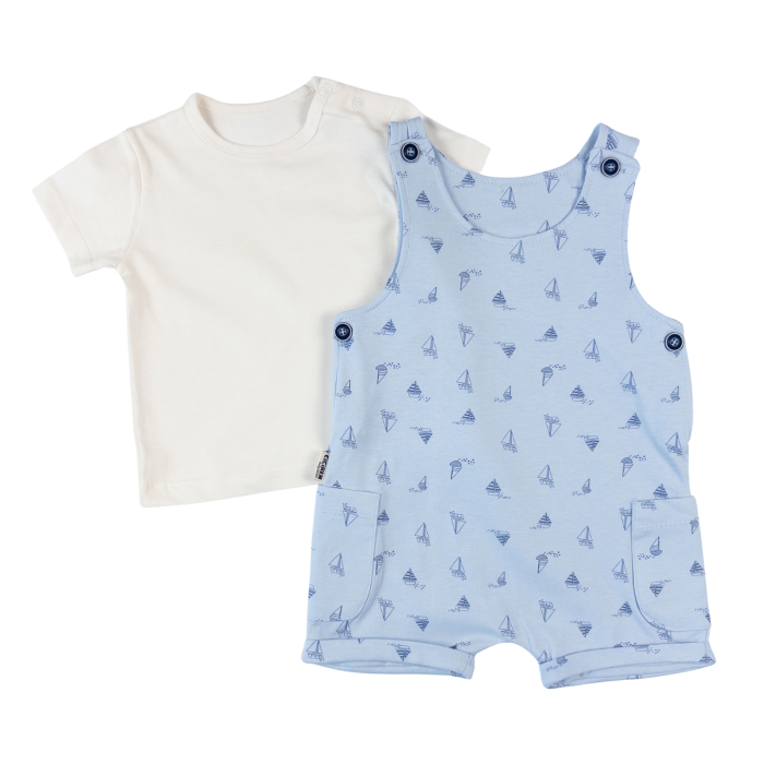 Salopetă Albastră cu Imprimeu Bărcuțe și Tricou Alb [2]