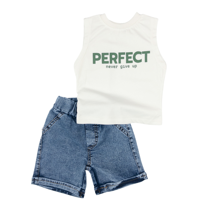 Compleu 3 Piese Băieței, Cămașă Verde Texturată, Maiou Alb și Șort Denim [2]