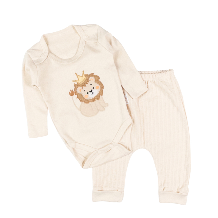 Compleu Bebeluşi cu Glugă şi Imprimeu Leu, Bej [2]