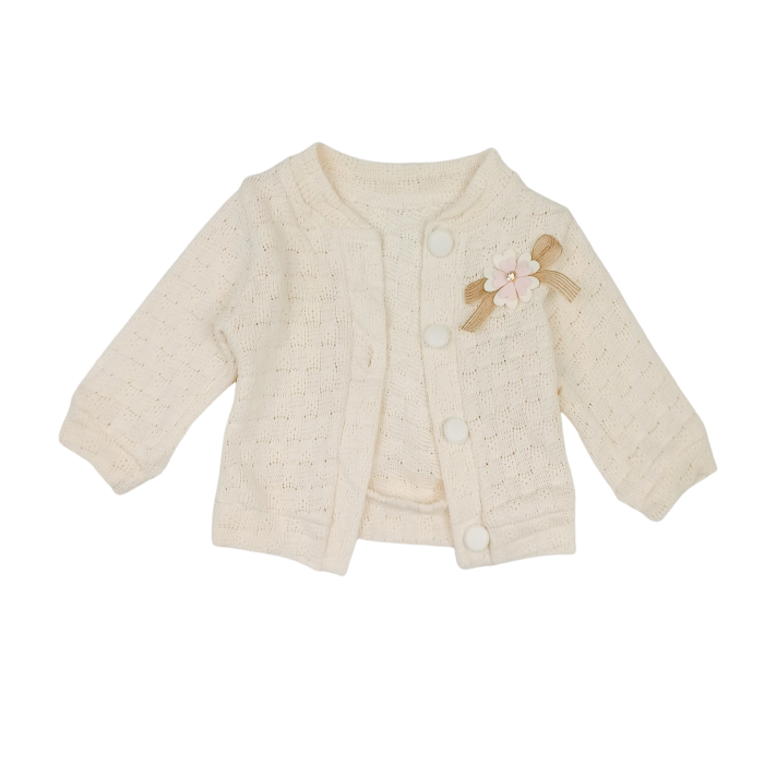 Compleu bebeluși fete 3 piese, cardigan tricotat cu flori decorative [3]