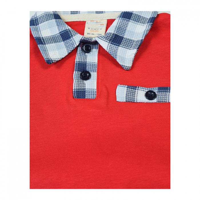 Compleu Vară Băieței, Tricou tip Polo Roșu, Șort în Carouri [3]