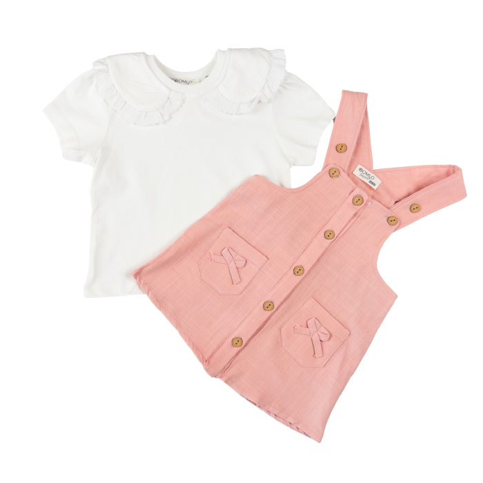 Compleu Fetițe 2 Piese, Sarafan Roz cu Nasturi și Bluza cu Guler brodat [2]