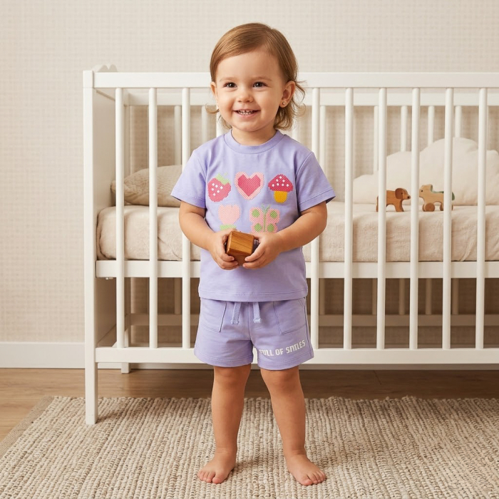 Compleu Fetițe model Full of Smiles, Tricou și Șort Lila, Imprimeu Pixel Art [2]