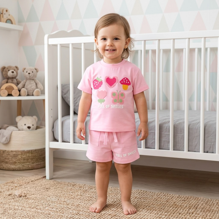 Compleu Fetițe model Full of Smiles, Tricou și Șort Roz, Imprimeu Pixel Art [2]