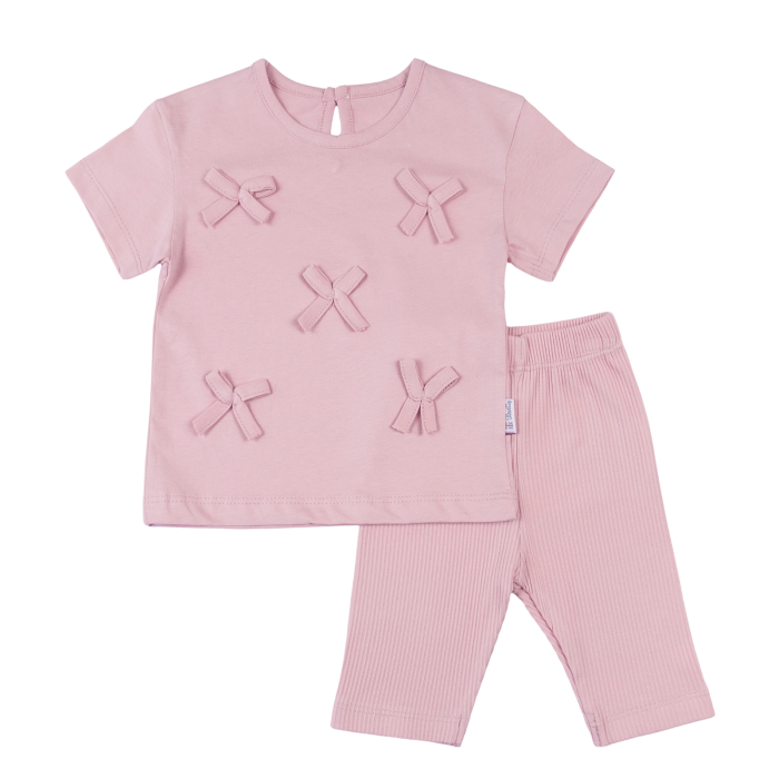 Compleu pentru Fetițe Roz, Tricou cu Fundițe și Colanți Trei Sferturi [2]