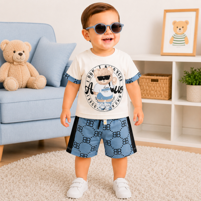 Compleu Vară Băieței, Tricou cu Imprimeu Teddy Cool, Șort cu Model Grafic [2]