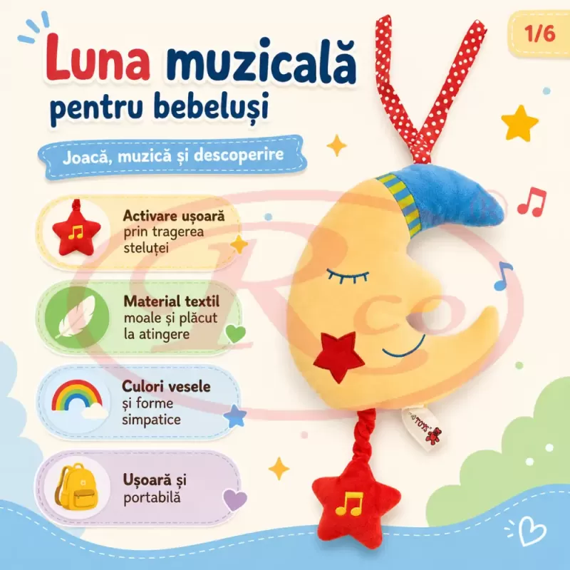 Jucarie Muzicala Textila Luna pentru Bebelusi, cu Material Moale si Sunete Blande [2]