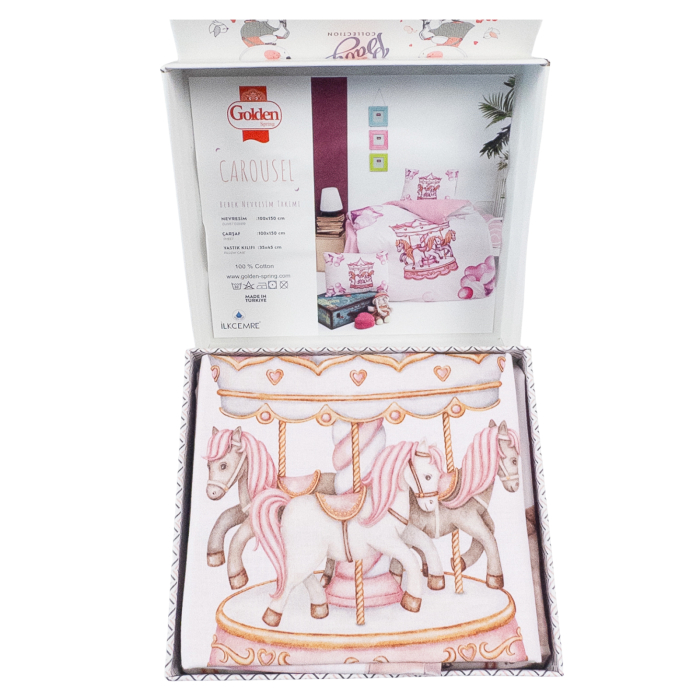 Lenjerie de Pat 4 Piese pentru Fetițe, Model Carusel Magic, 100X 150 CM [2]