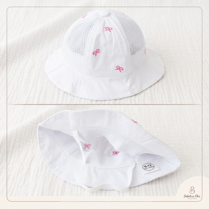 Palarie pentru Fetite 0-6 luni, Plasa Respirabila, Broderie Fundite, Elastic de Fixare, Culoare Alb [2]