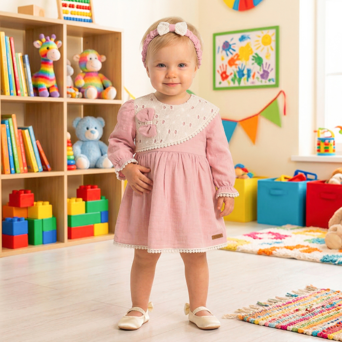 Rochie si bentita, Guler Dantelă Brodată, Roz [3]