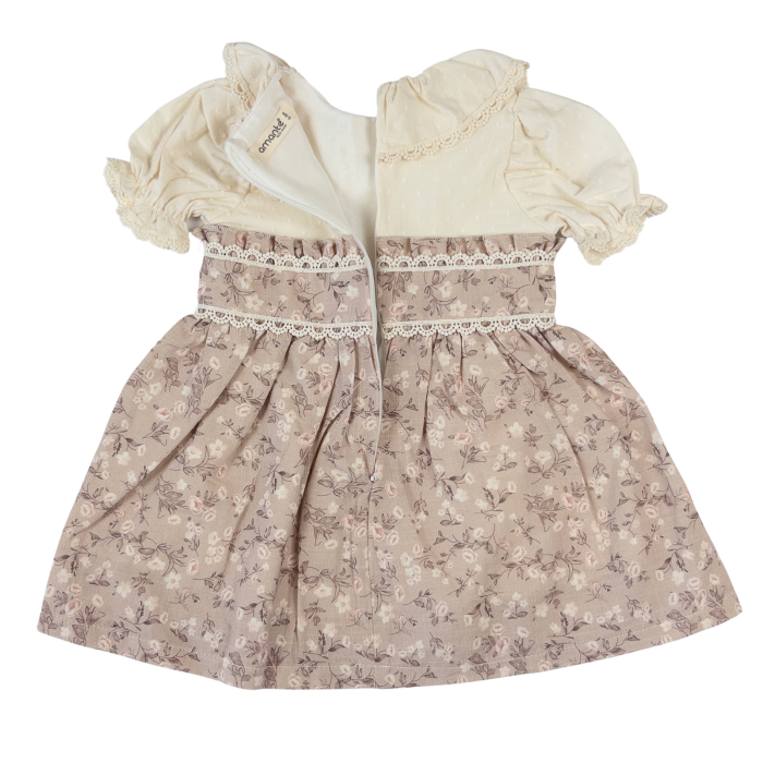 Rochiță Fetițe Guler cu Dantelă și Model Floral Vintage, Cafeniu [2]