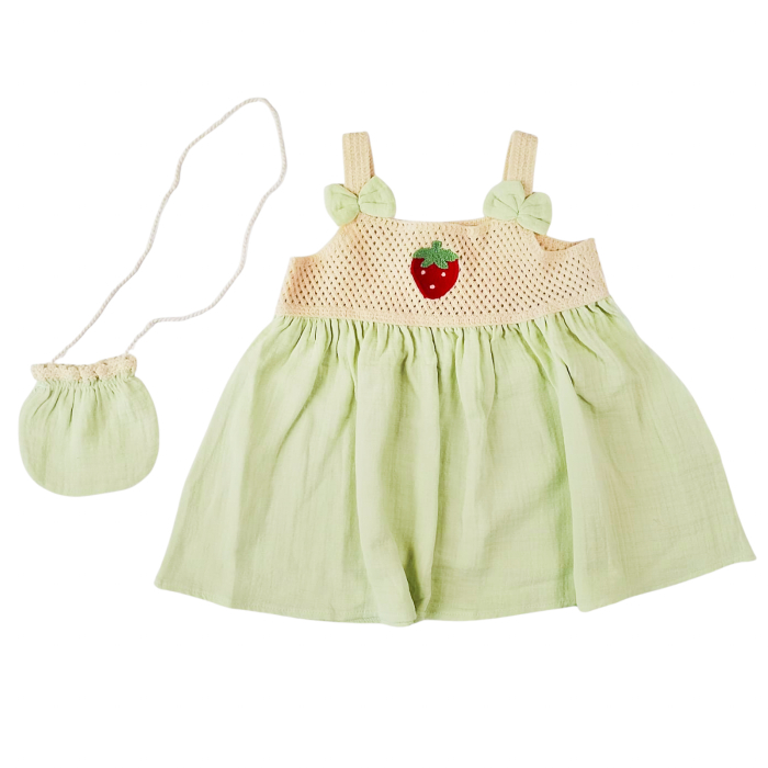 Rochiță Fetițe și Poșetă Asortată, Model Capsunică, Verde/Bej [2]