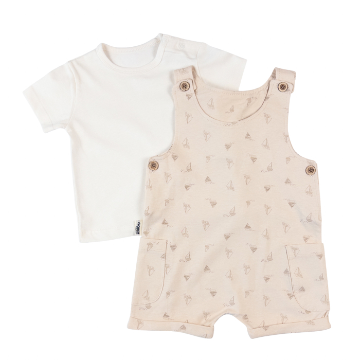 Salopetă Bej cu Imprimeu Bărcuțe și Tricou Alb [2]