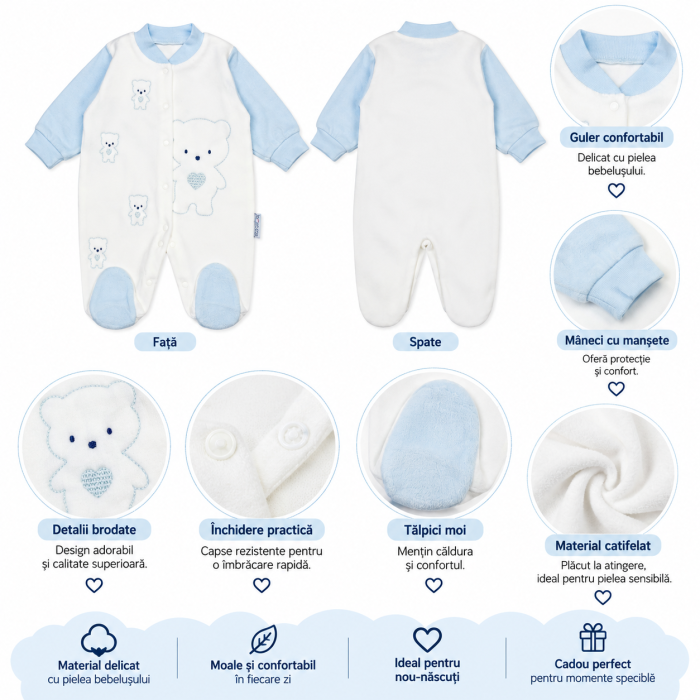 Salopetă bebe catifelată alb-bleu cu ursuleți [2]