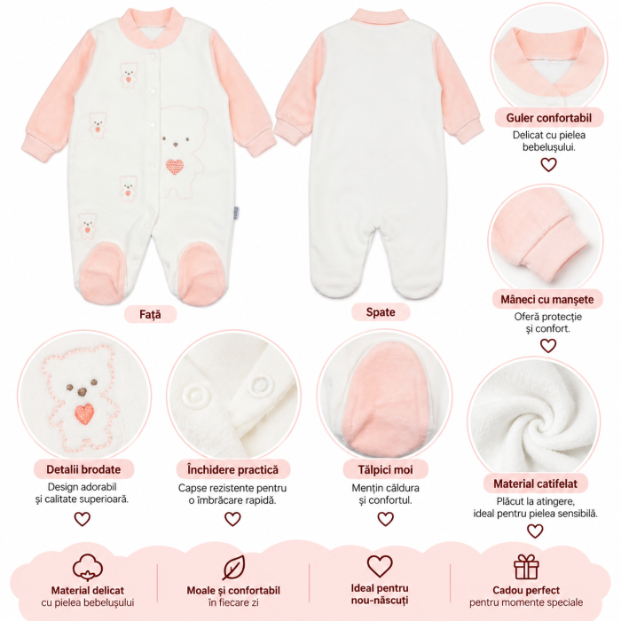 Salopetă bebe catifelată alb-roz coral cu ursuleți [2]