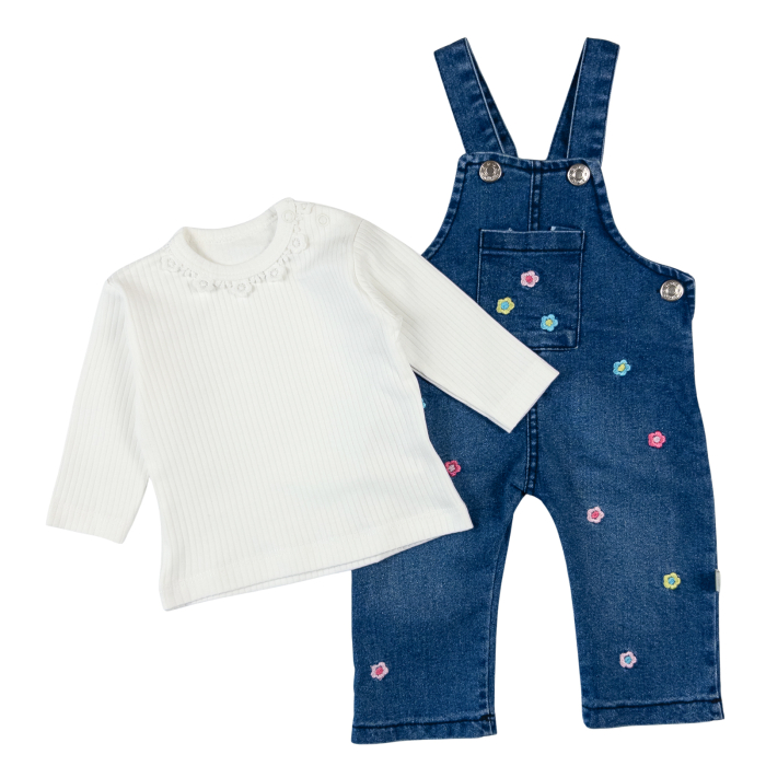 Salopetă din Denim cu Floricele Brodate și Bluză Albă [2]