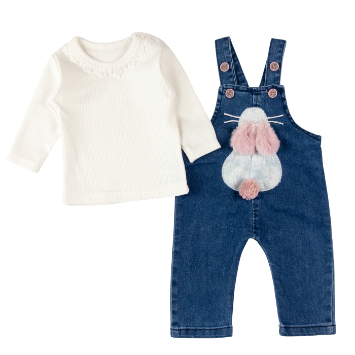 Salopetă din Denim Model cu Iepuras și Bluză Albă - Copie [2]
