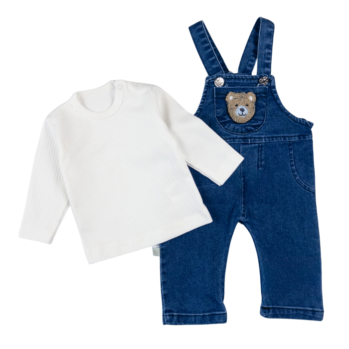 Salopetă din Denim cu Bretele și Bluză Albă din Bumbac [2]