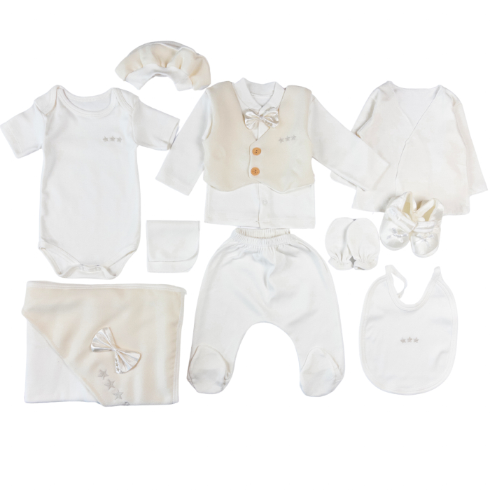 Set 10 Piese Nou-Născut Băieței,model Elegant cu Papion și Broderie Steluțe, Alb/Ivory [3]