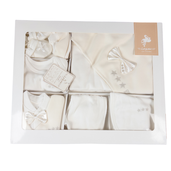 Set 10 Piese Nou-Născut Băieței,model Elegant cu Papion și Broderie Steluțe, Alb/Ivory [2]