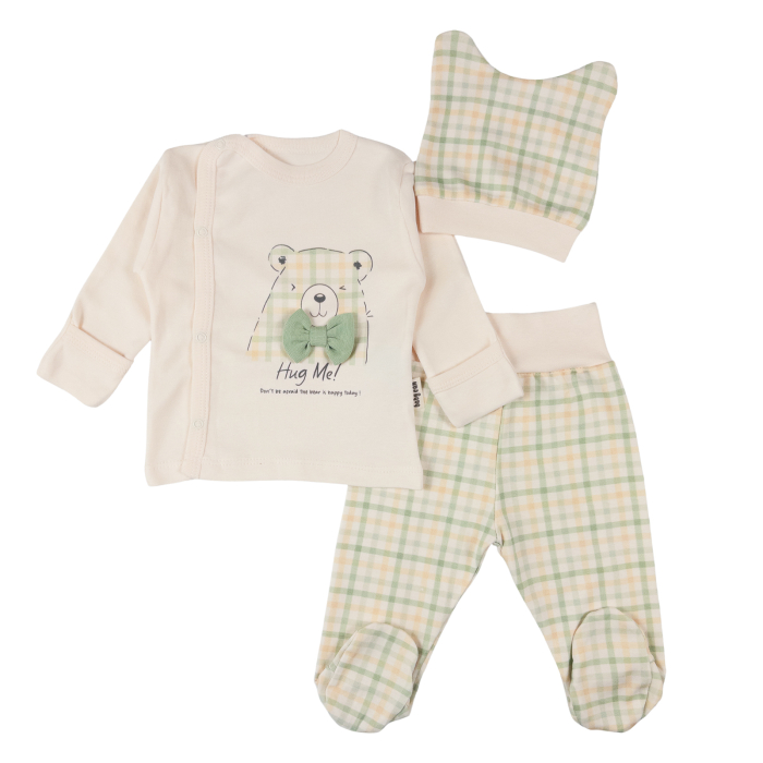 Set 3 piese pentru nou nascuti, model în Carouri, Bej/ Verde deschis [2]