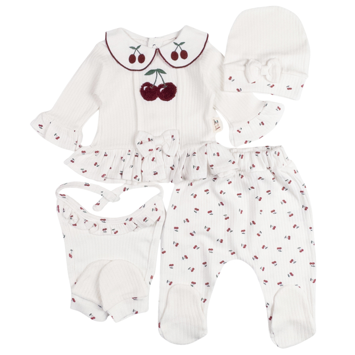 Set 5 piese pentru Nou Nascuti fetite, Model Ciresele, alb [2]