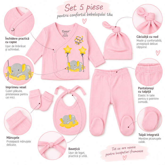 Set 5 piese pentru Nou Nascuti fetite, Model Elefantel [2]