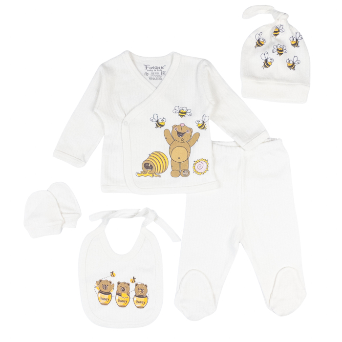 Set 5 piese turcoaz pentru nou nascuti, Model Ursuleț cu Miere, alb [2]